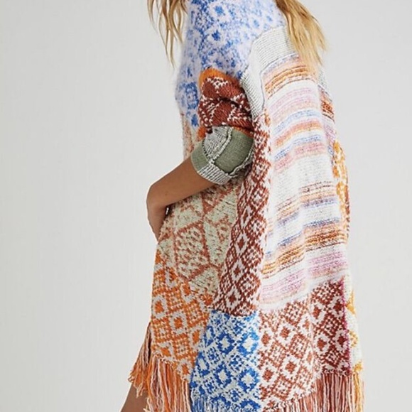 Free People At Dawn Poncho Patchwork Open Knit Beachy Slouchy Cardigan M/L - Picture 2 of 8